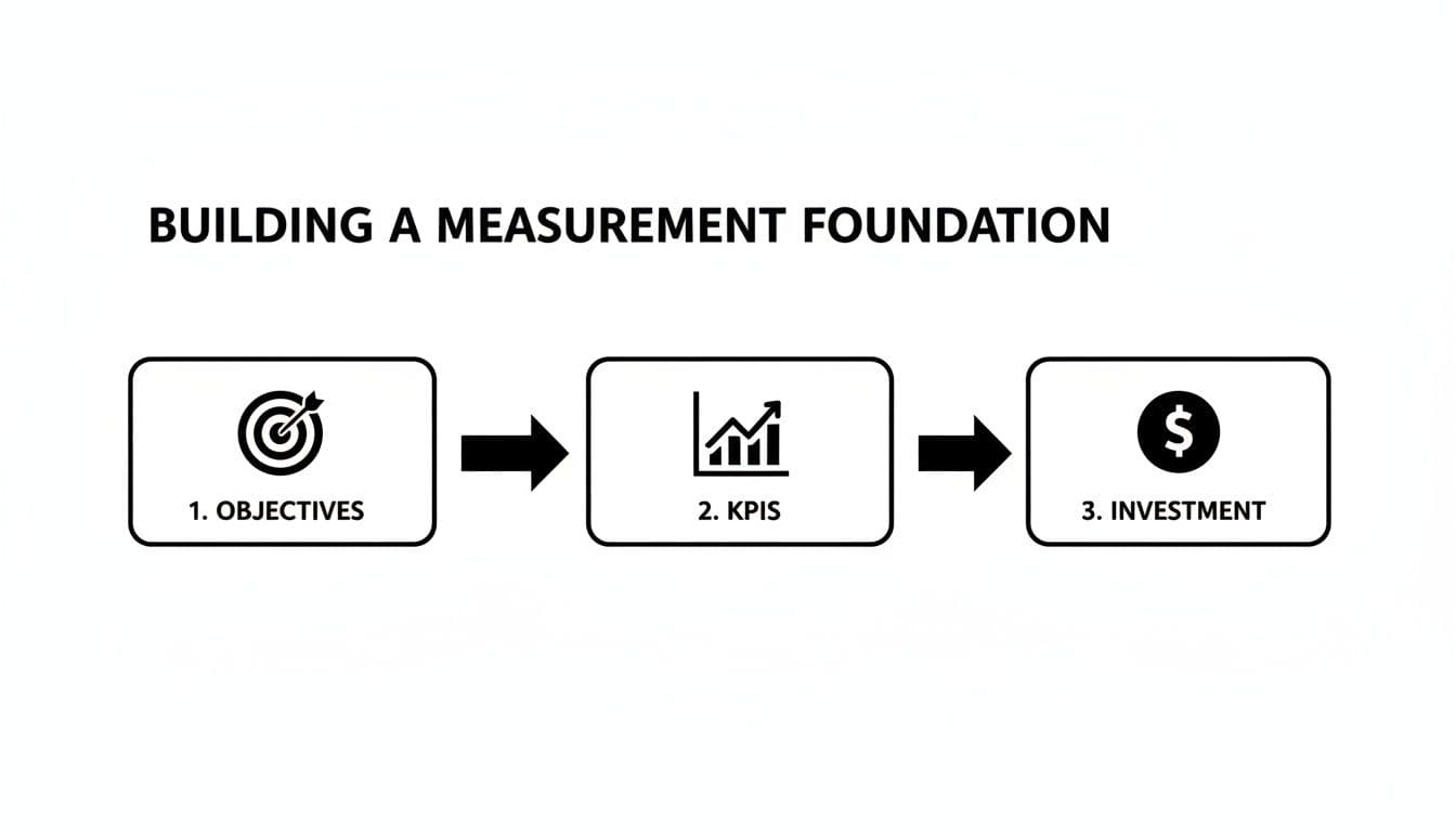 Flowchart showing the steps to build a measurement foundation: objectives, KPIs, and investment.