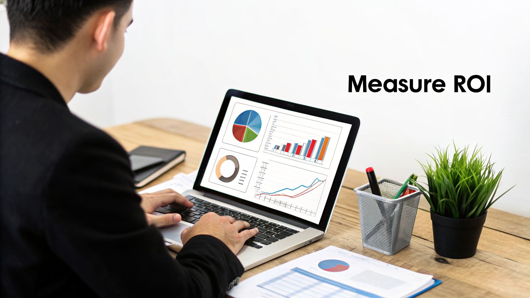 A business professional analyzing ROI on a laptop, with charts and graphs, measuring performance.