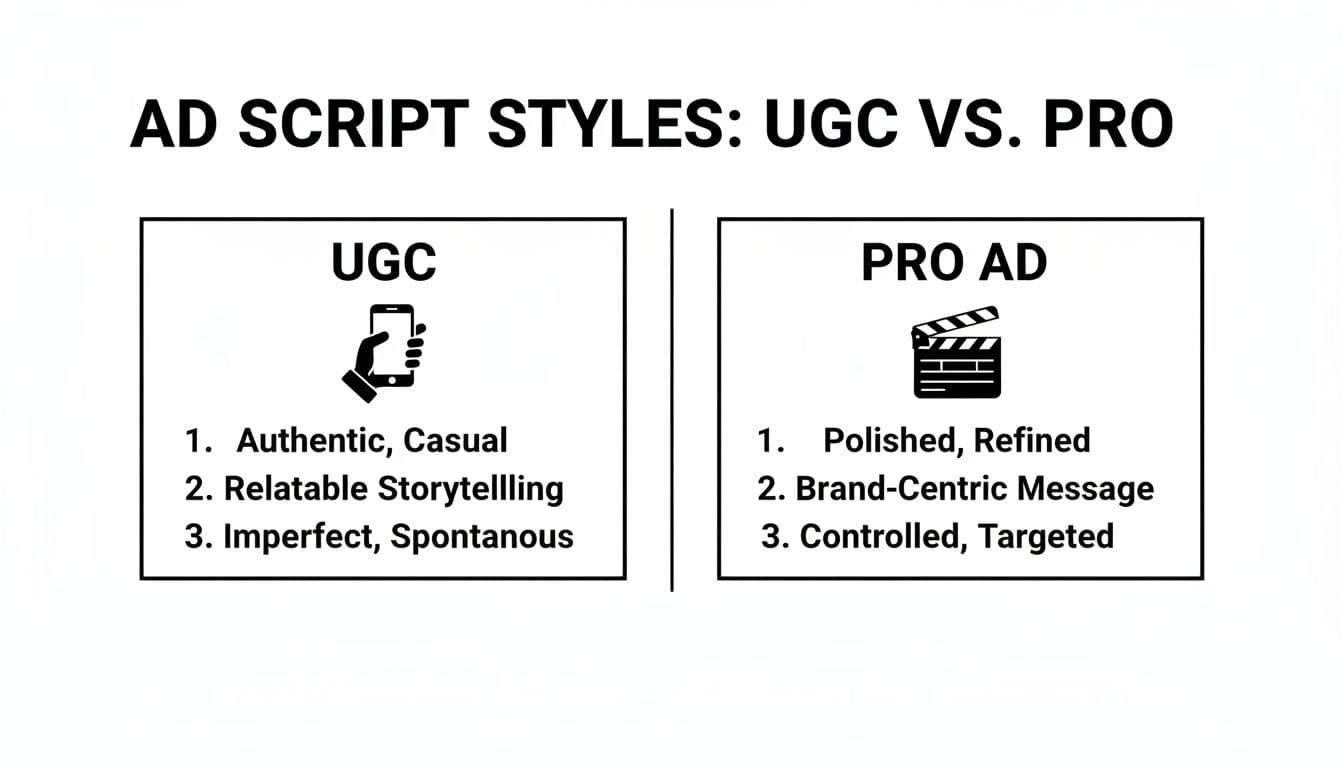 A comparison chart outlining key characteristics of UGC versus professional ad script styles.