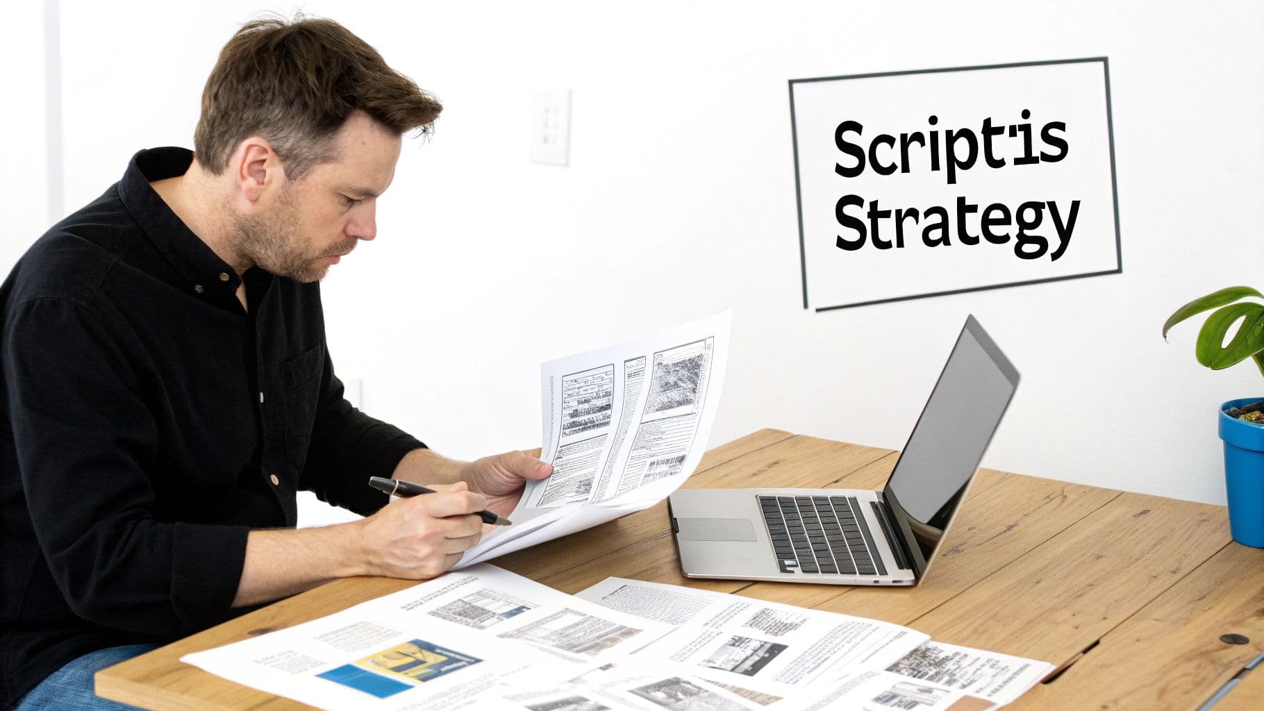 A man reviews documents at a wooden desk with a laptop, under a 'Scriptis Strategy' sign.