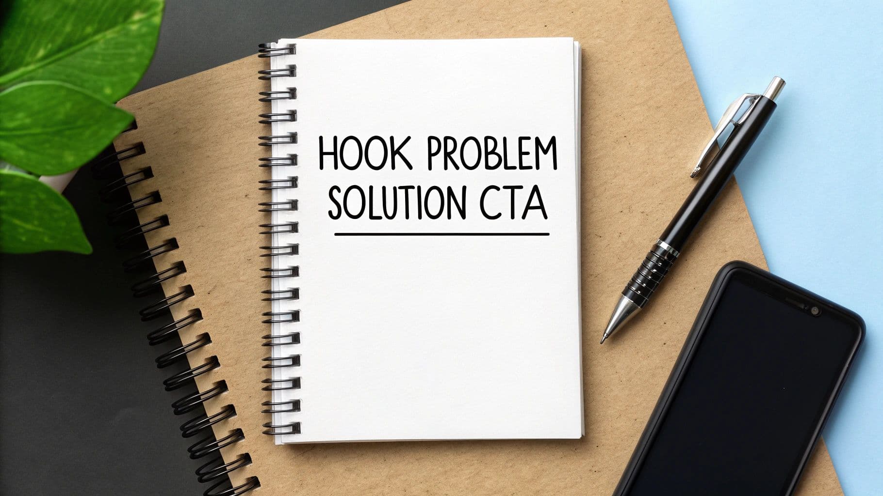 A spiral notebook open to a page with 'HOOK PROBLEM SOLUTION CTA' written, surrounded by office items.