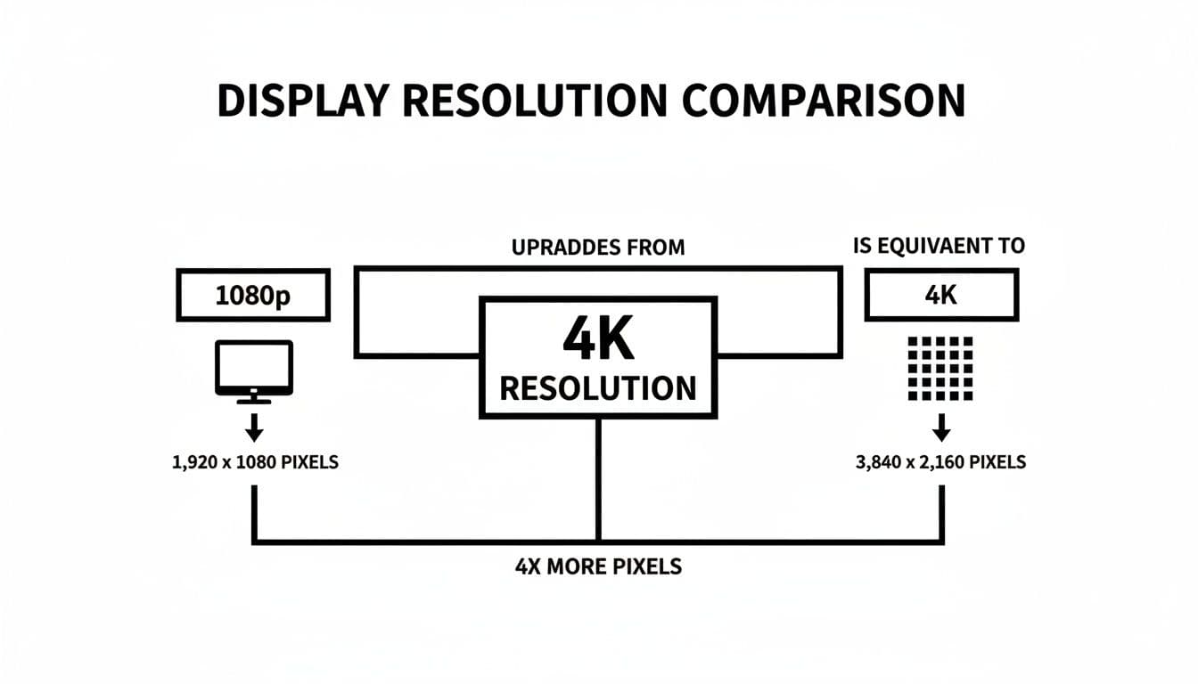 Infographic comparing 1080p and 4K display resolutions, showing pixel counts and the 4x pixel difference.