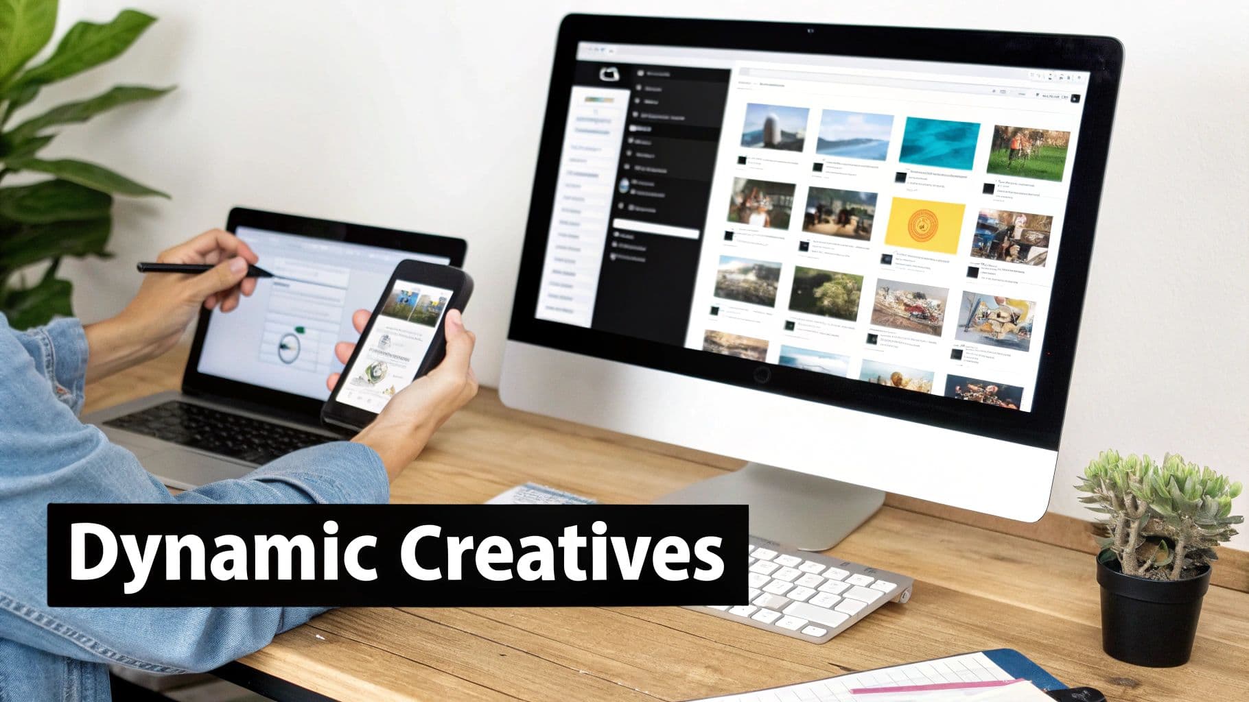 Person using a laptop, smartphone, and large monitor for digital content management on a desk.