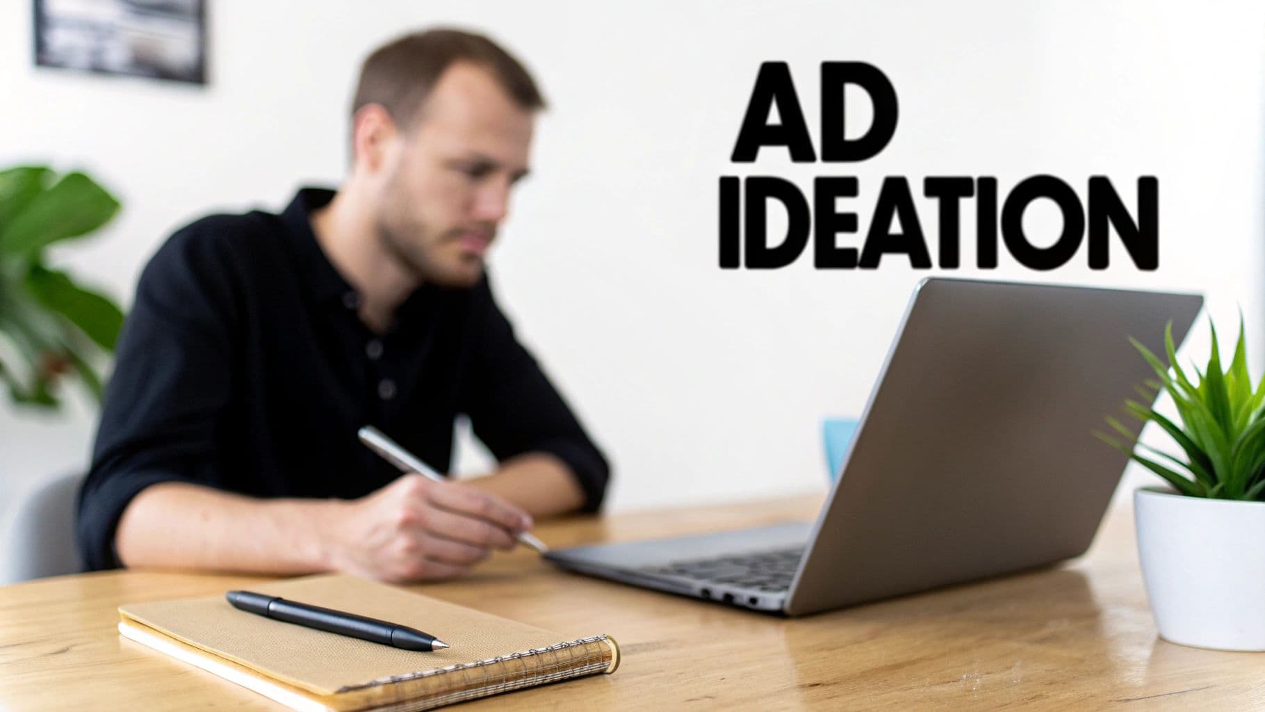 A man at a desk with a laptop and notebook, working on ad ideation.