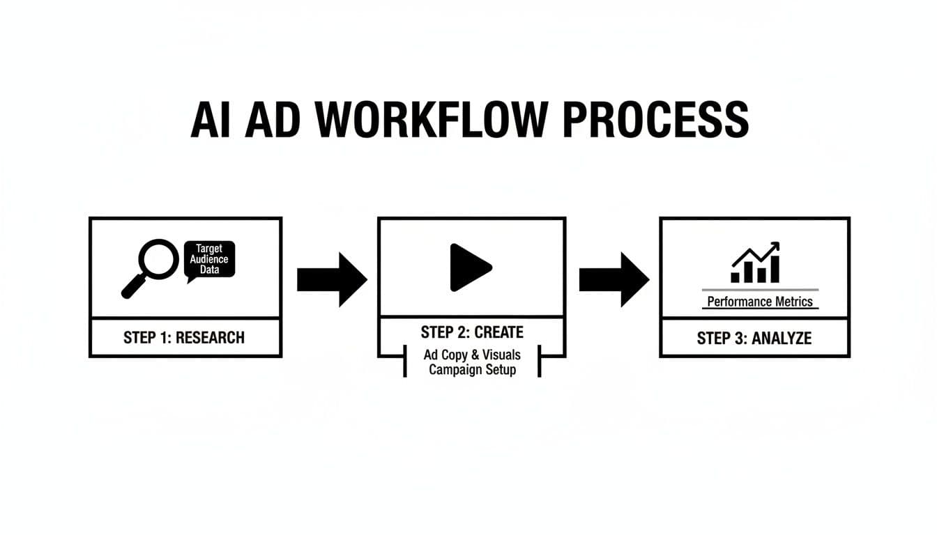 An AI ad workflow process diagram showing research, creation, and analysis steps for digital advertising.