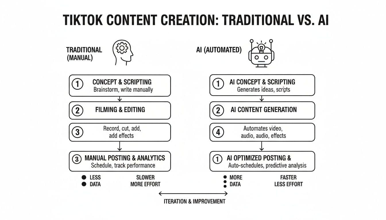 Flowchart illustrating traditional vs. AI-powered TikTok content creation workflows, emphasizing AI's speed and efficiency.
