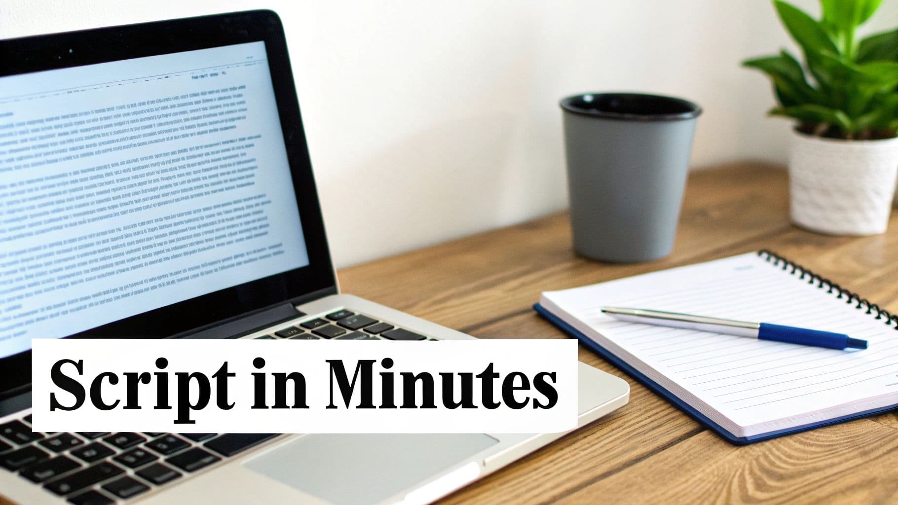 A laptop on a wooden desk with a notebook, pen, cup, and plant, featuring 'Script in Minutes' overlay.