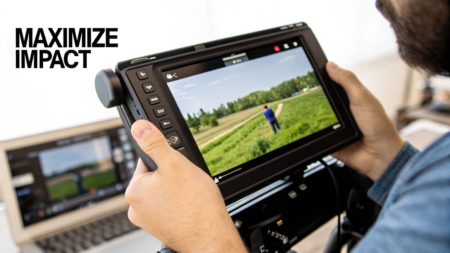 Person holding a portable monitor displaying a video of someone walking in a green field, with a laptop in the background.