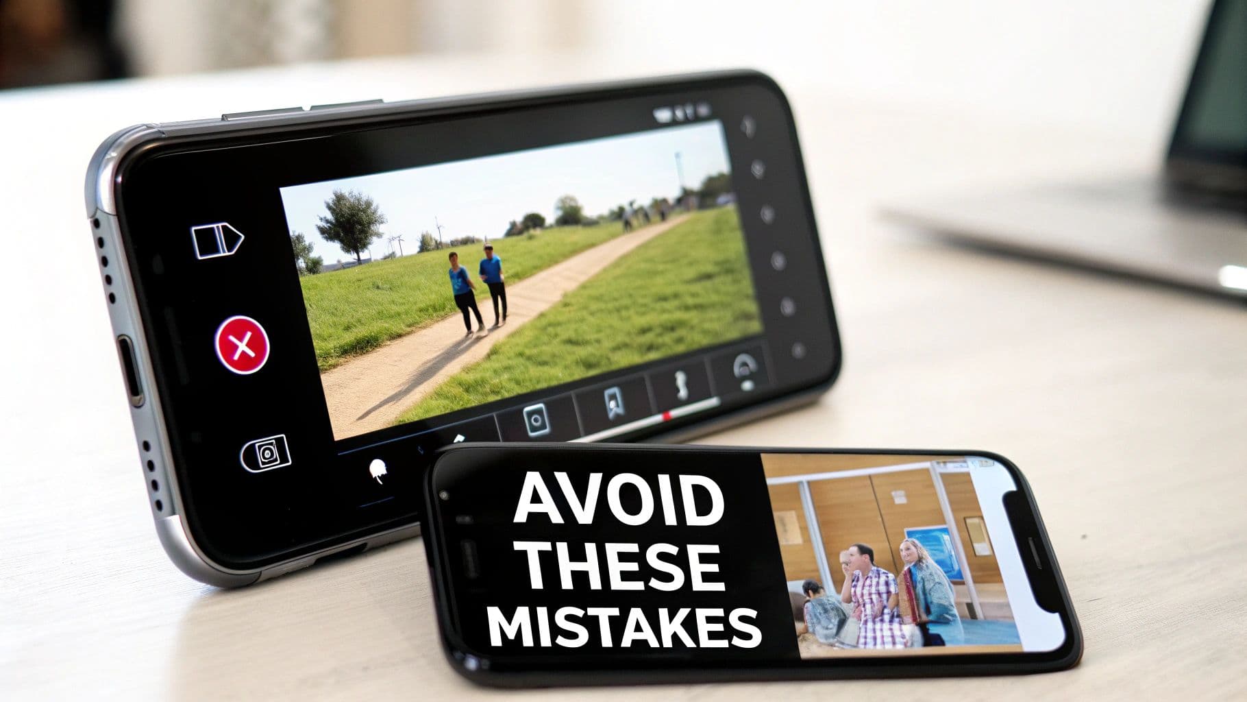 A red stop sign with an 'X' symbol overlayed on a smartphone screen showing a poorly formatted video.
