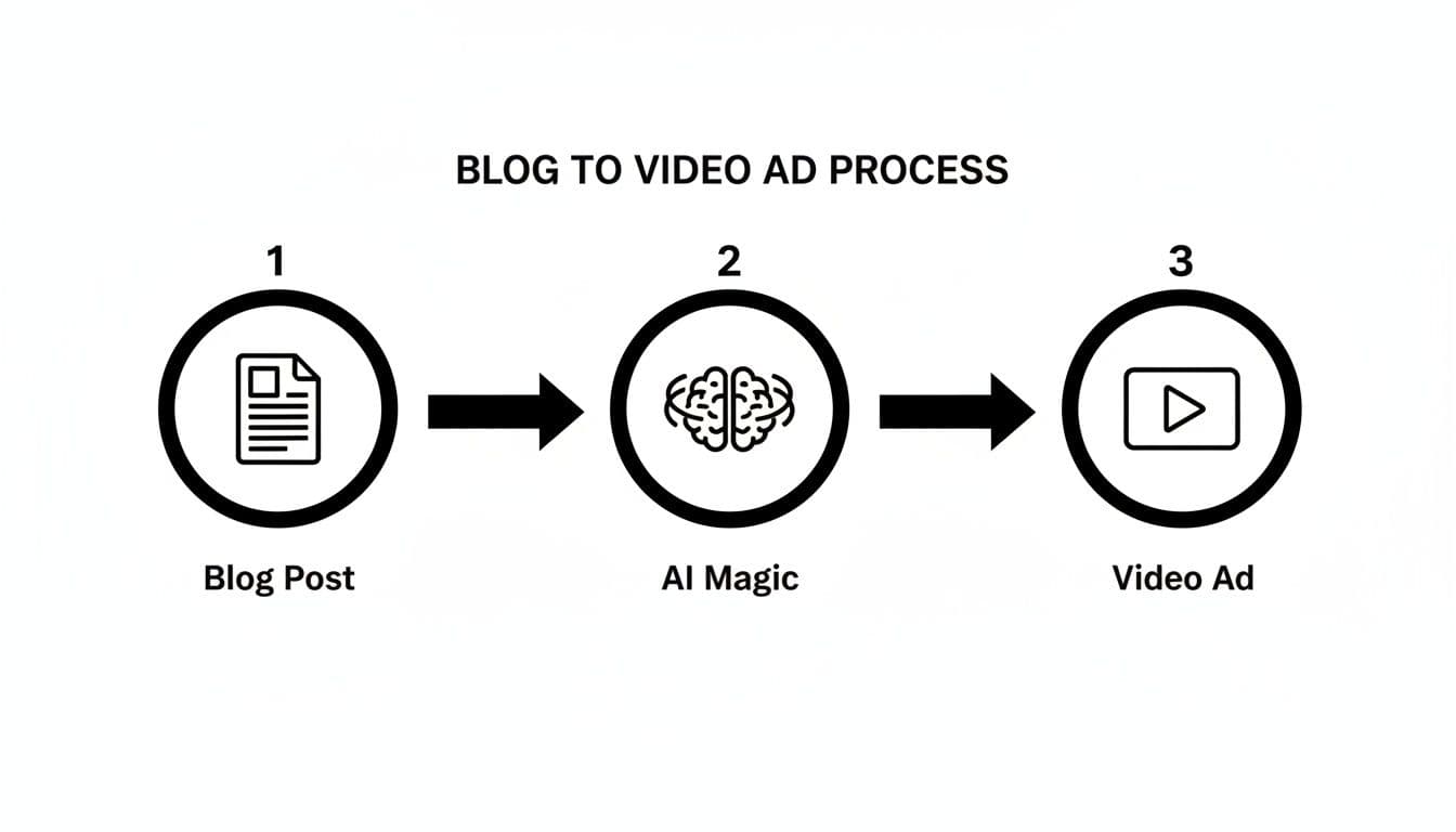 A three-step flowchart showing a blog post converting into a video ad using AI magic.