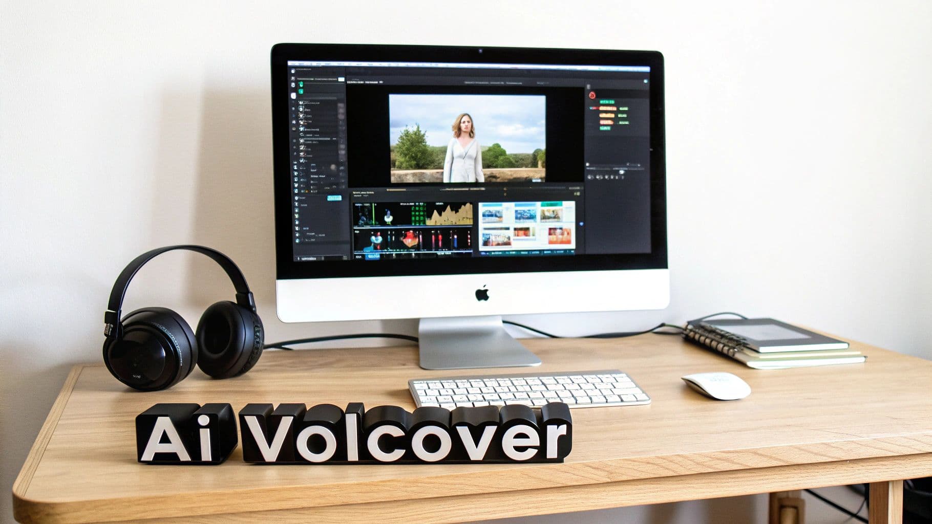 A modern workspace with an Apple iMac showing video editing software, black headphones, and an "Ai Volcover" sign.