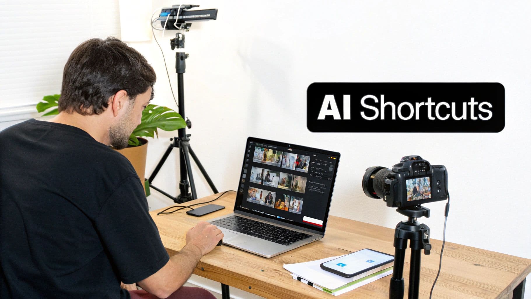 A man uses a laptop for video editing, with a camera on a tripod and an AI Shortcuts sign.