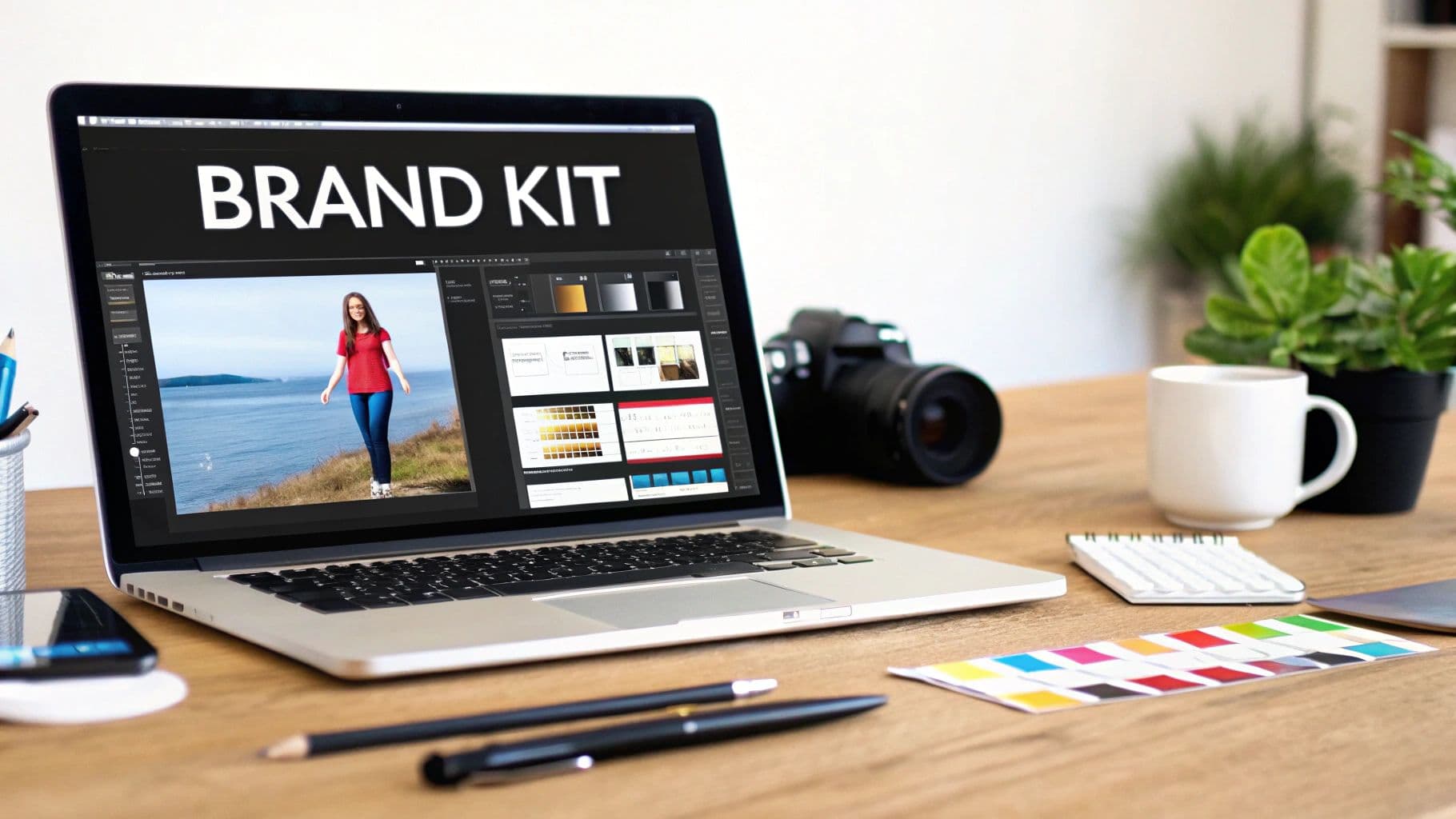 Laptop displaying a brand kit, design software, a photo, camera, and creative workspace elements.