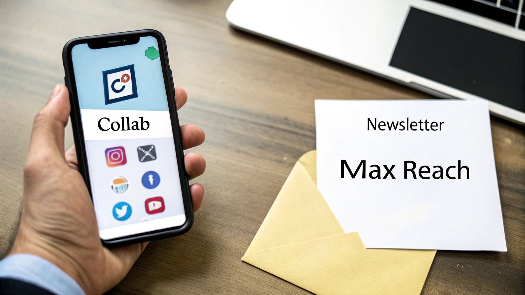 A content creator promoting their YouTube video on a laptop and smartphone, with social media icons in the background.