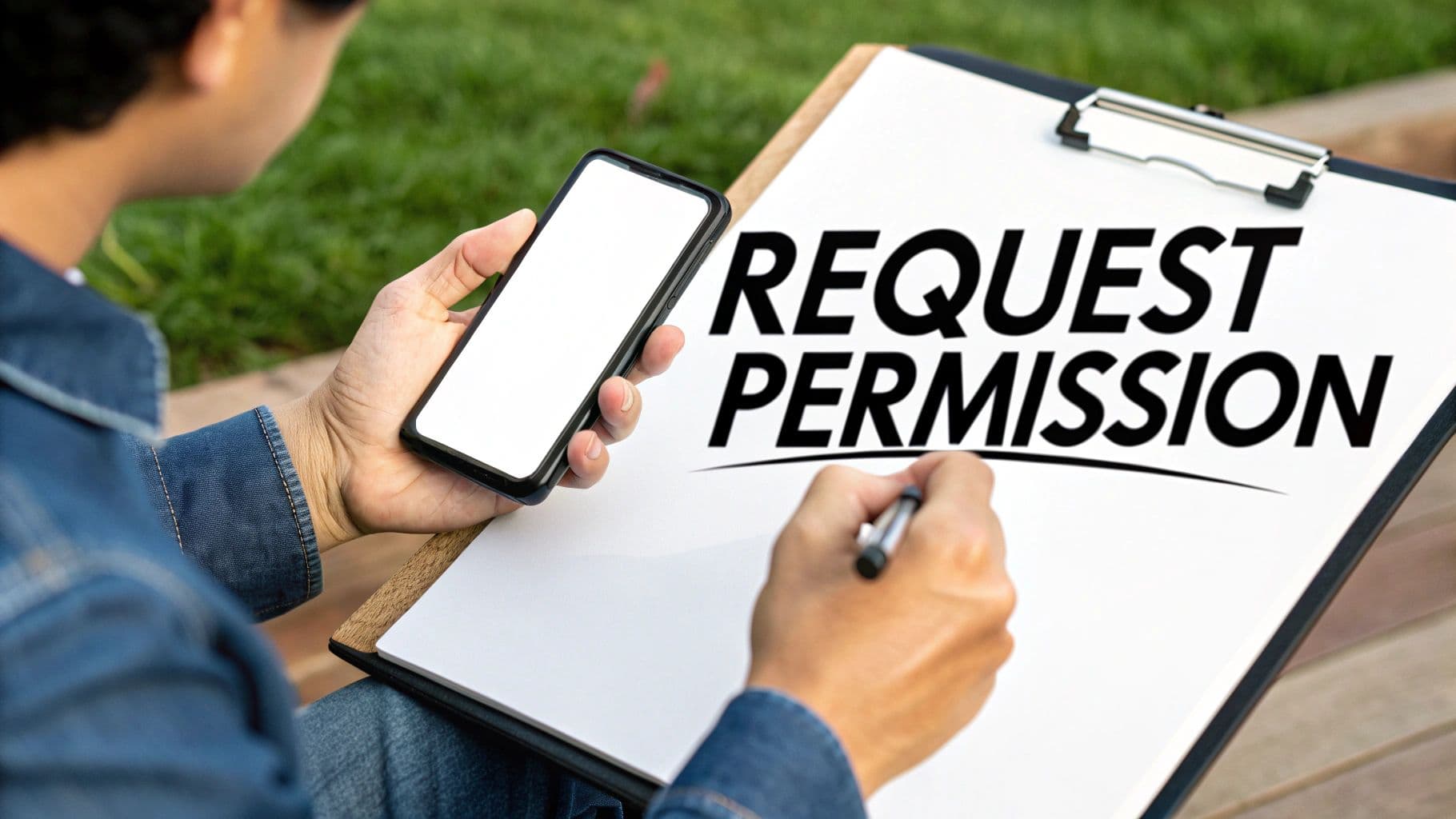A person holding a smartphone and writing 'REQUEST PERMISSION' on a clipboard with a pen.