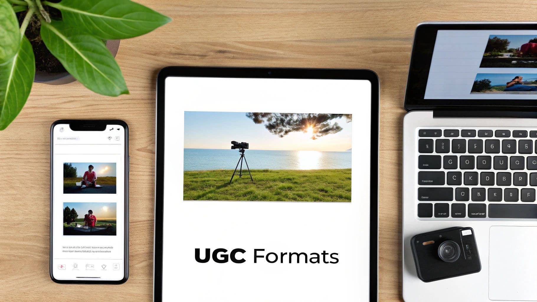 A desk setup with a smartphone, tablet displaying 'UGC Formats', laptop, and a camera, for content creation.