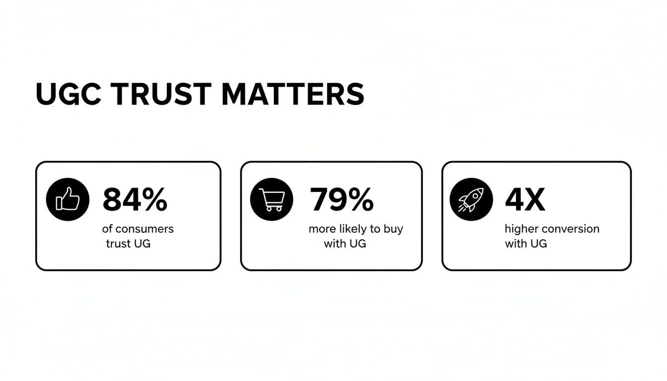 An infographic titled 'UGC Trust Matters' showing statistics on user-generated content's impact on trust, purchases, and conversion.