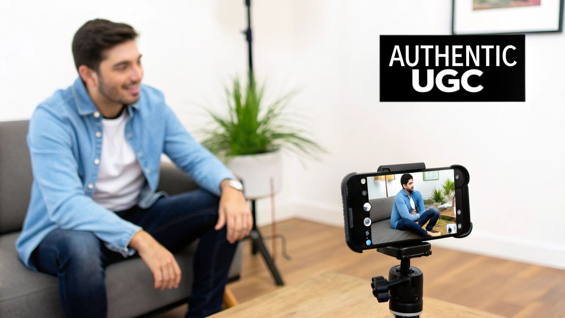 A smiling man sits on a couch, being filmed by a smartphone on a tripod for authentic UGC.