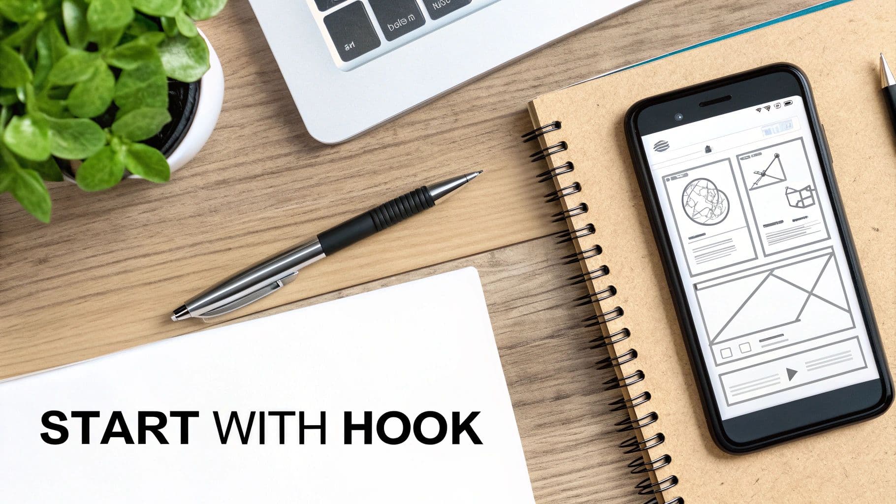 Overhead shot of a workspace with a laptop, pen, notebook, smartphone showing wireframes, and 'START WITH HOOK' text.