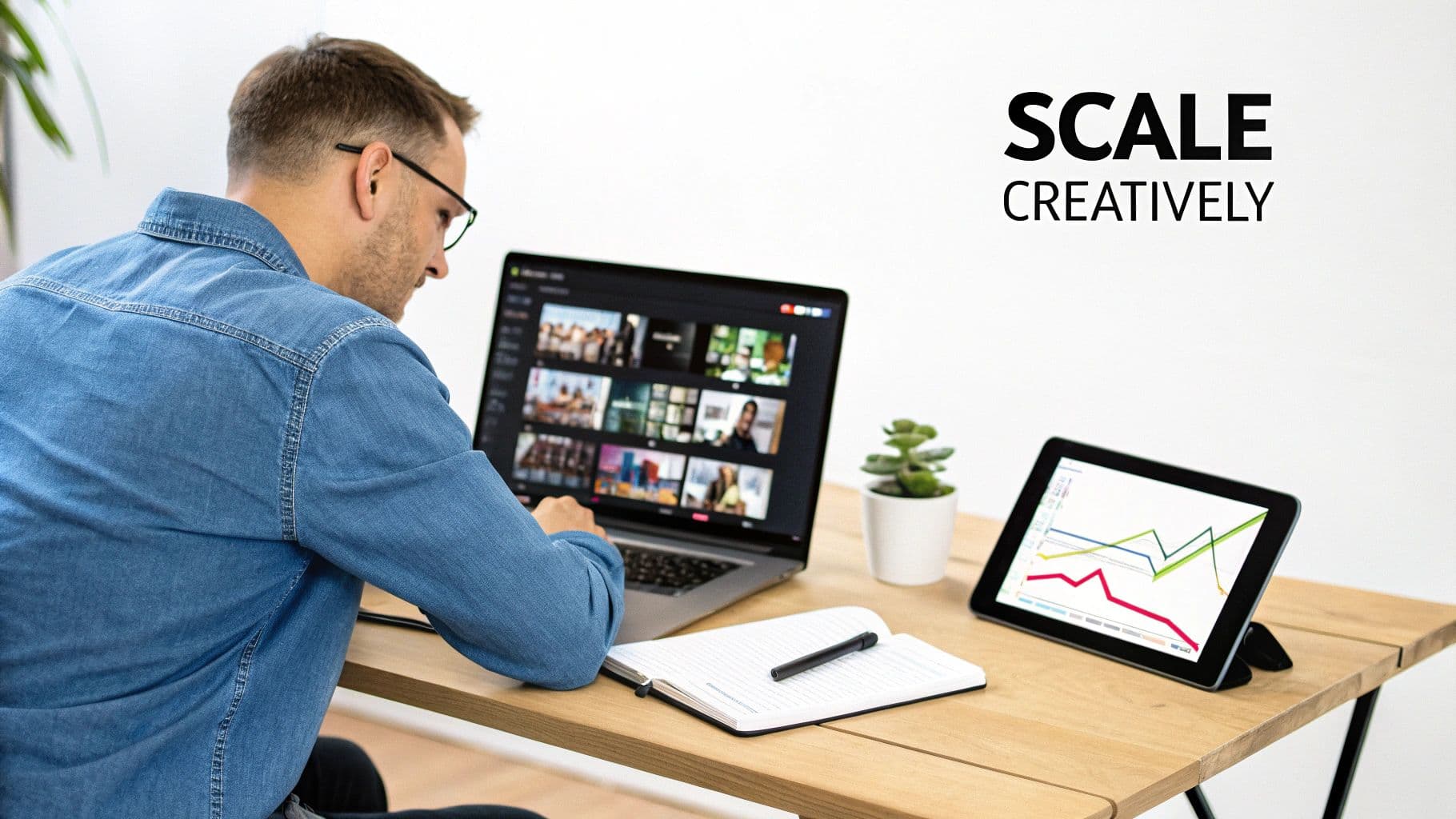 Man working on a laptop displaying video previews, with a tablet showing data graphs on a wooden desk.