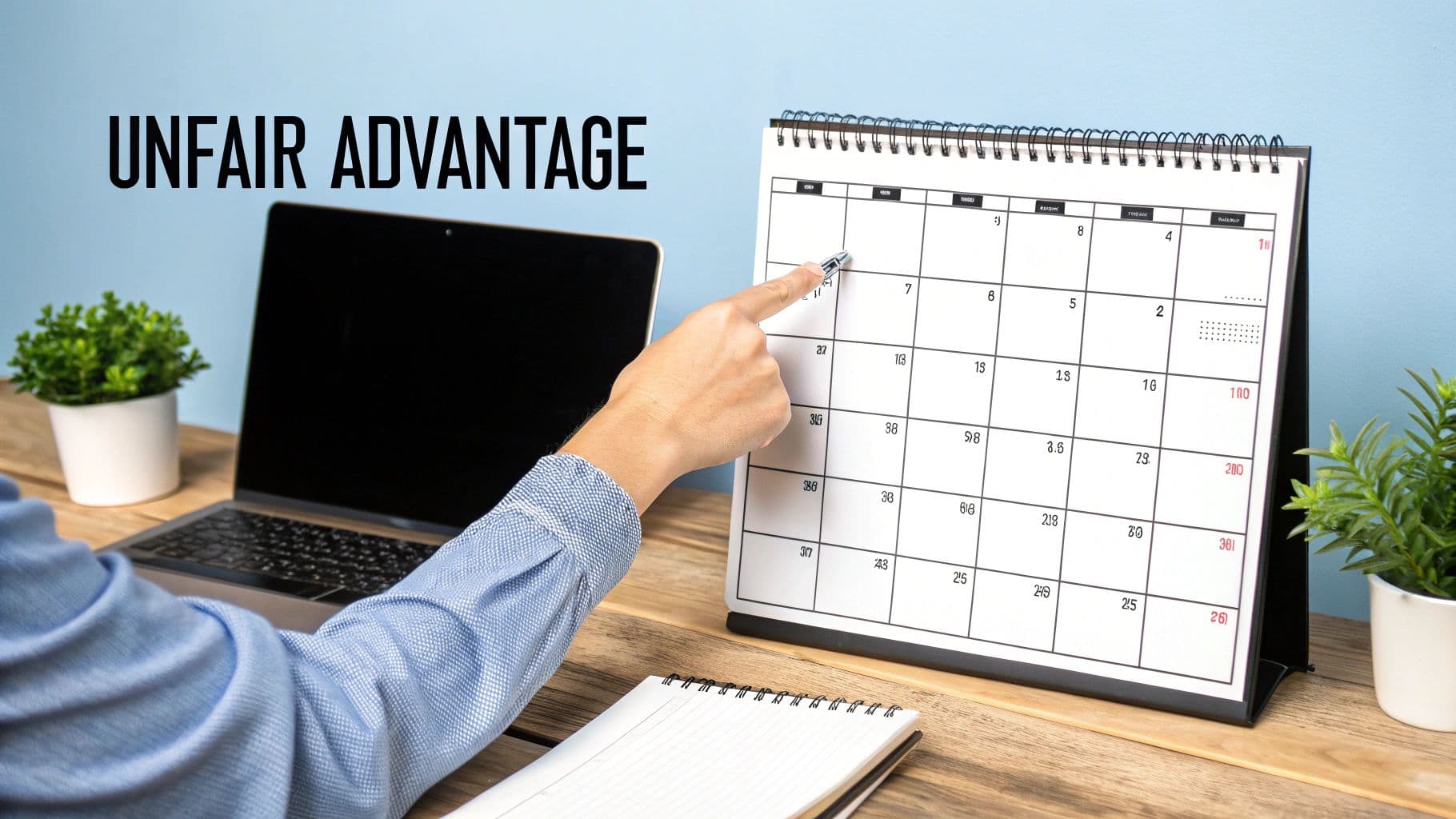 A person's hand points at a desk calendar next to a laptop, illustrating an unfair advantage.