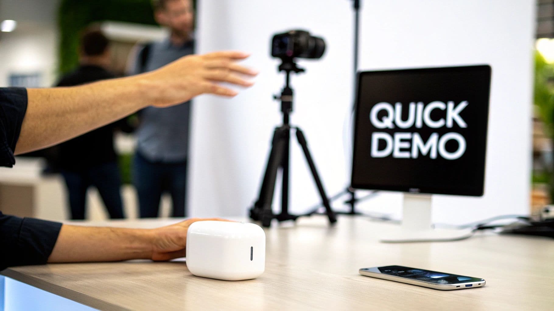 A person's arm gestures towards a white tech device on a table during a quick demo.