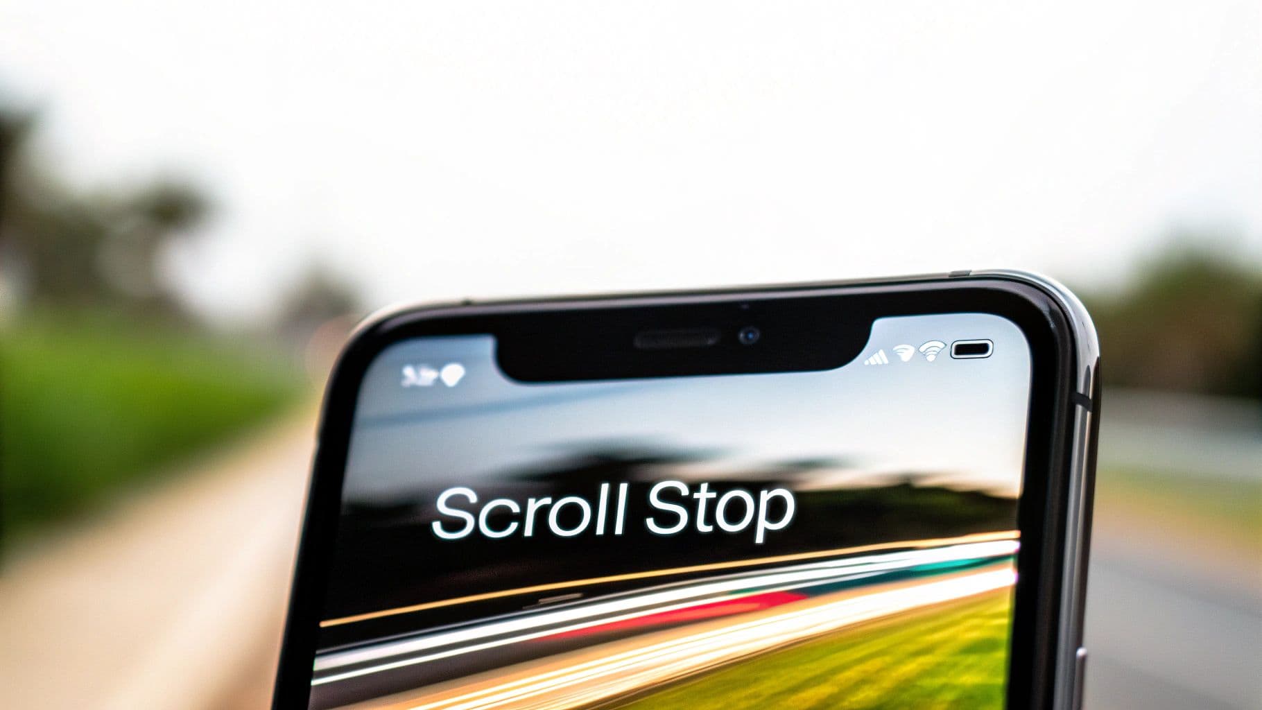 A close-up shot of a smartphone screen displaying the text "Scroll Stop" against a blurred outdoor background.