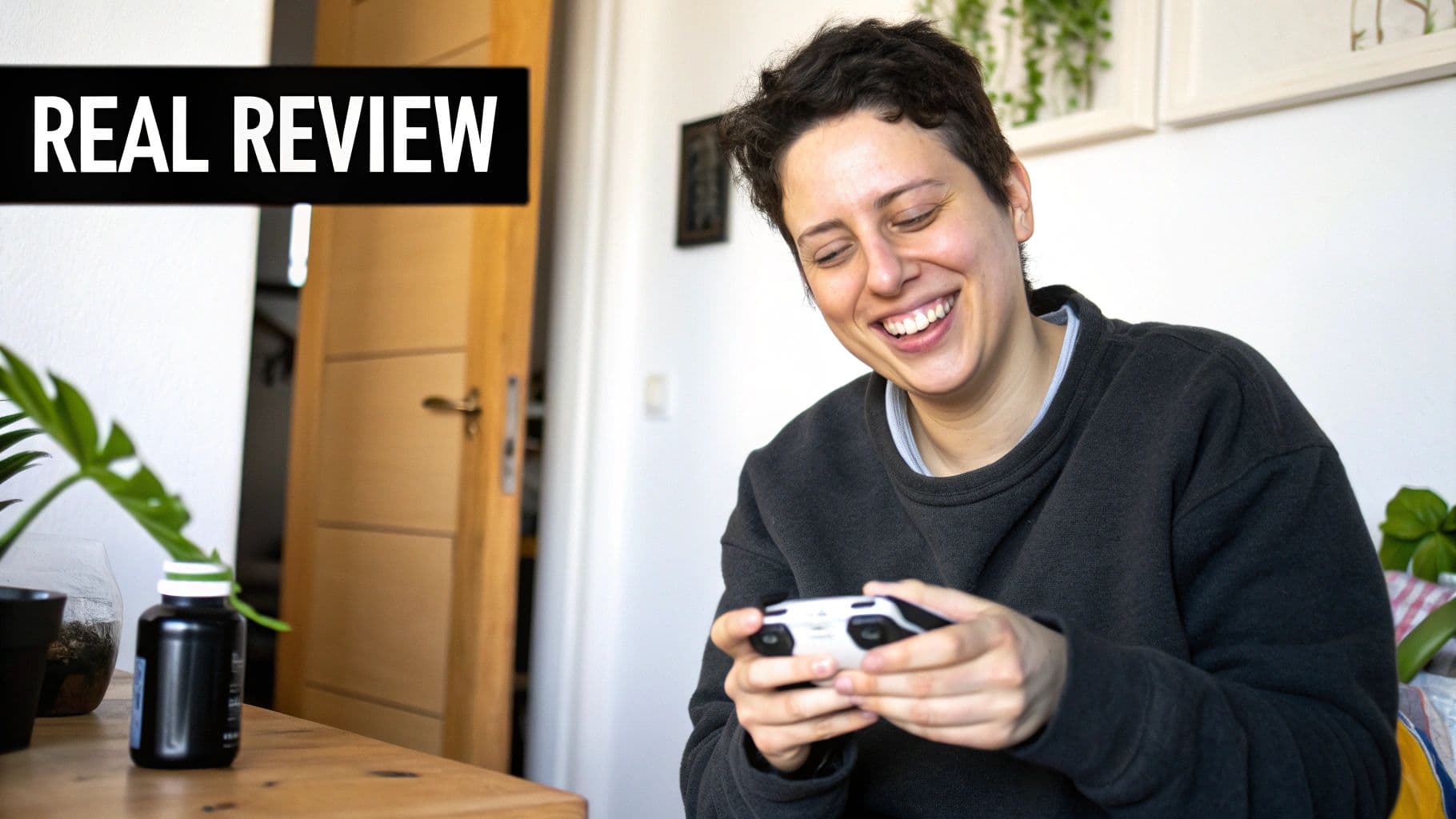 A happy person with short hair laughing while playing a video game with a white controller.