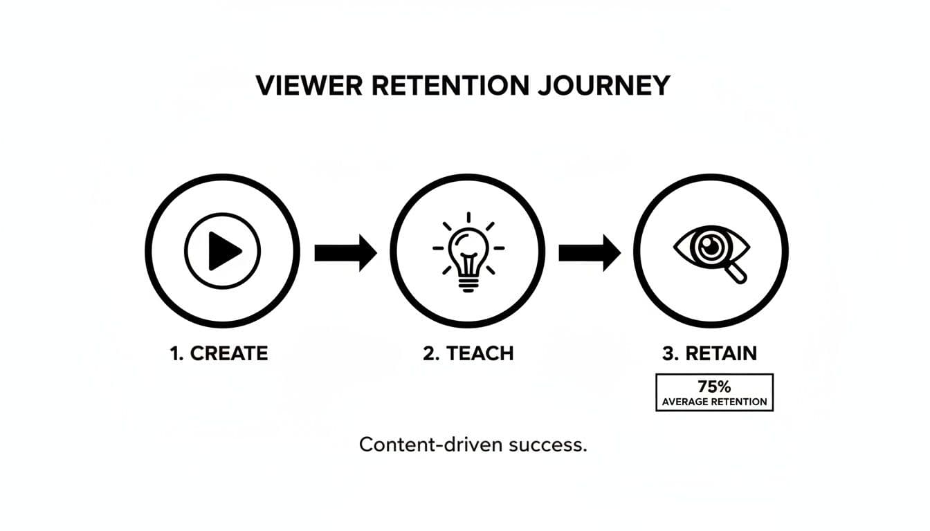 Flowchart showing a viewer retention journey: create content, teach, and retain viewers, achieving 75% average retention.