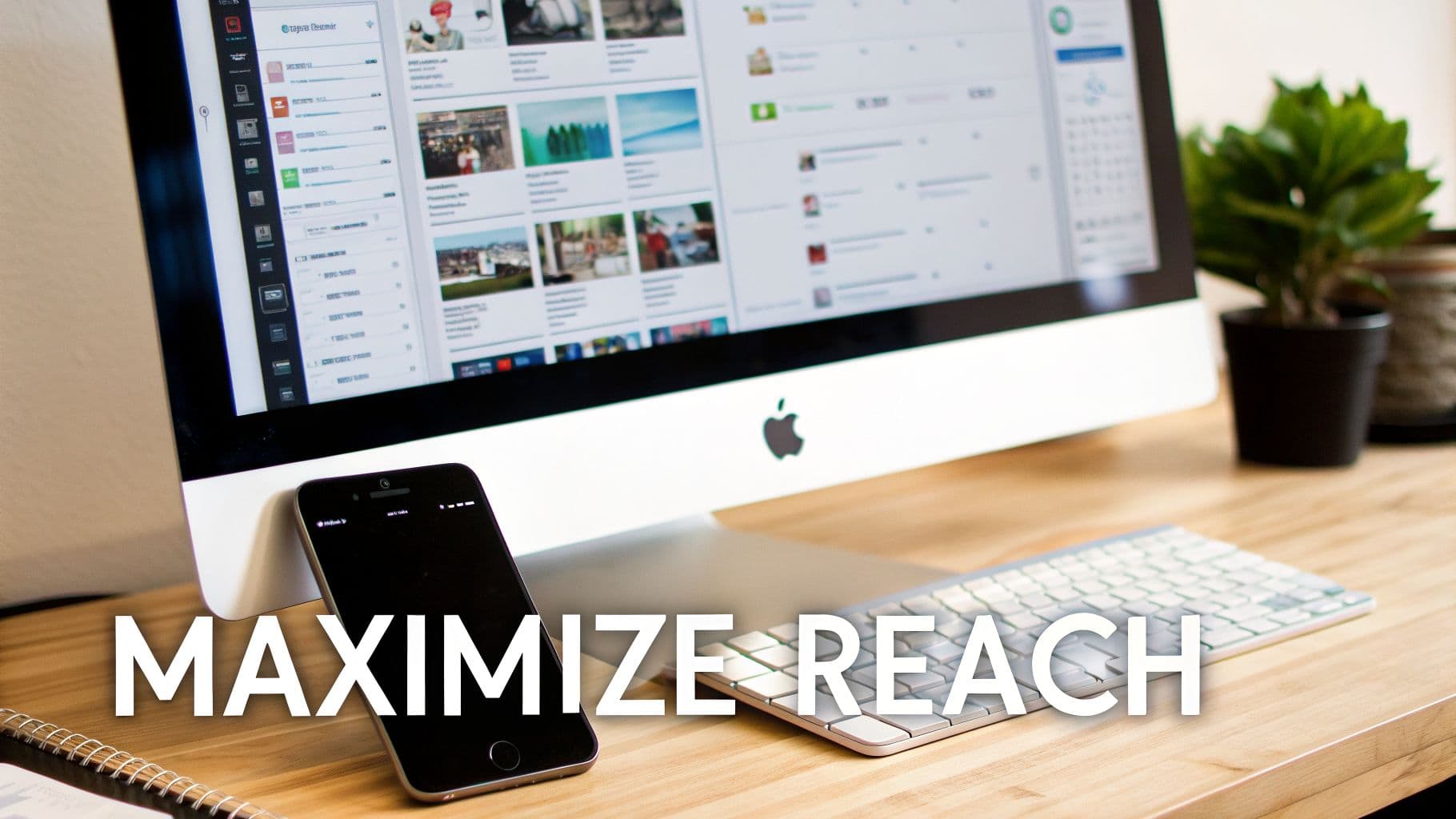 An Apple iMac, iPhone, and keyboard on a wooden desk with a plant, featuring the text 'MAXIMIZE REACH'.