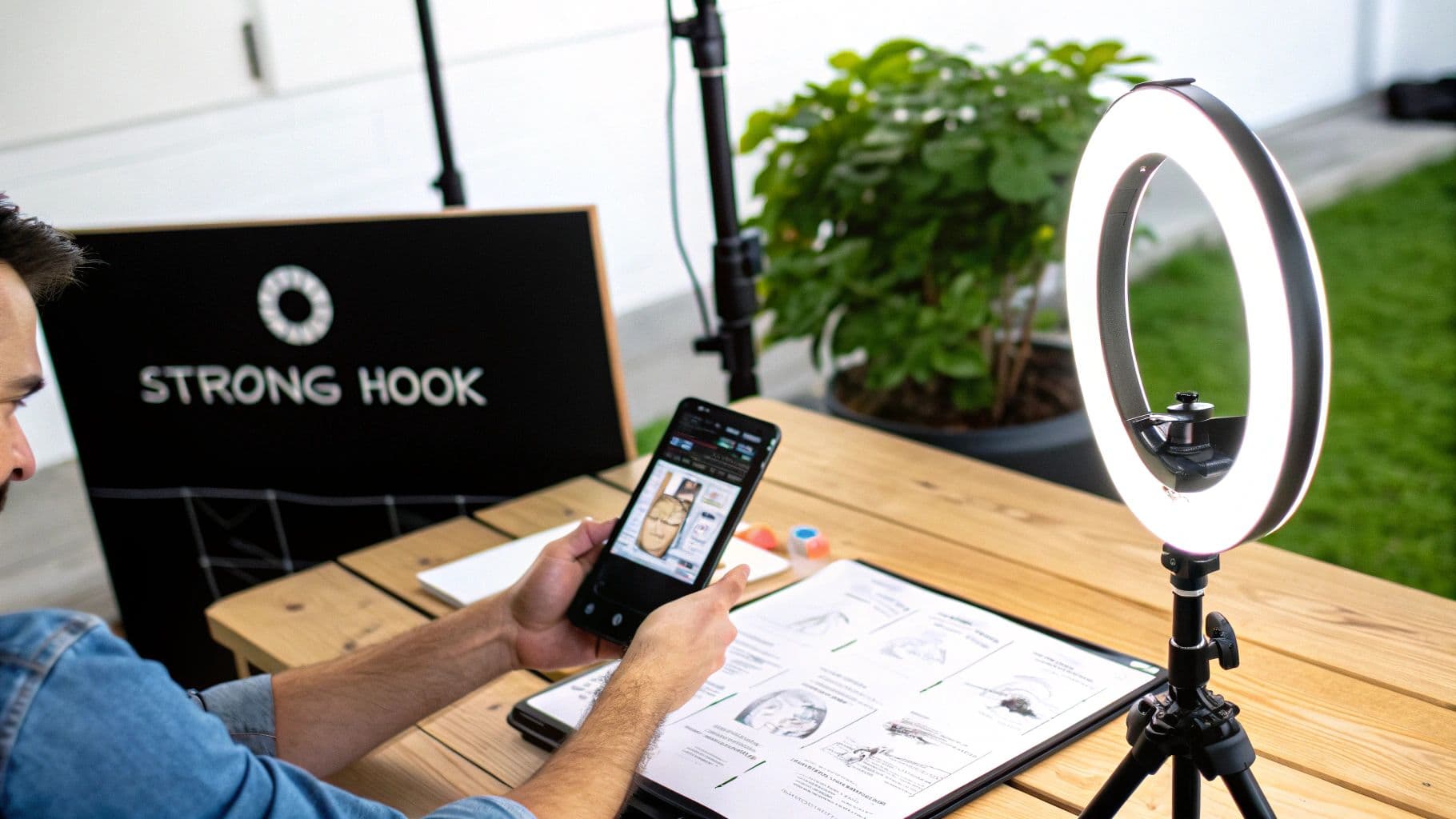 A man reviewing digital design sketches on a smartphone, illuminated by a ring light on a wooden table.