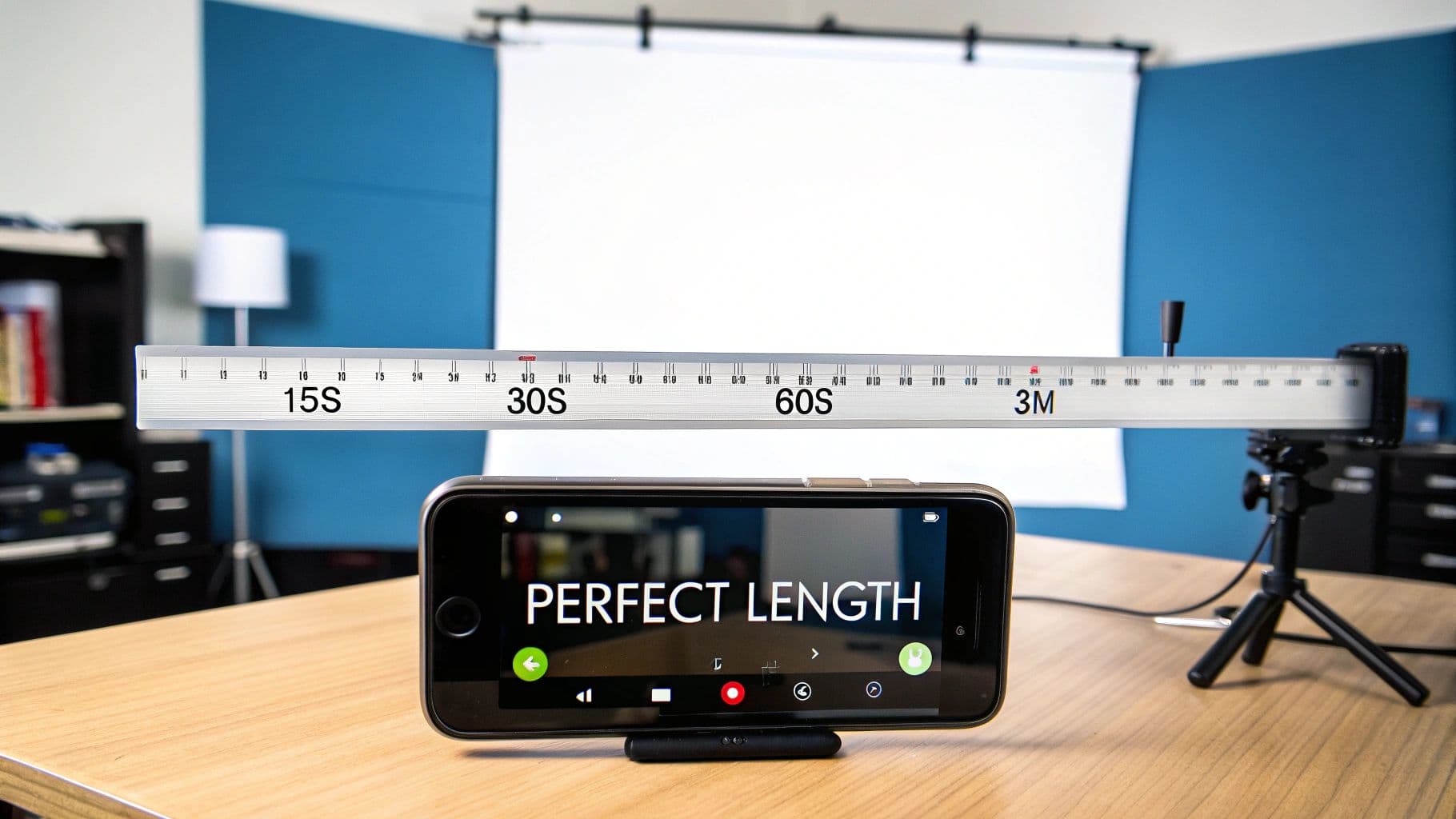 A smartphone on a stand displays 'PERFECT LENGTH' with a measuring device above it, marked with time durations.