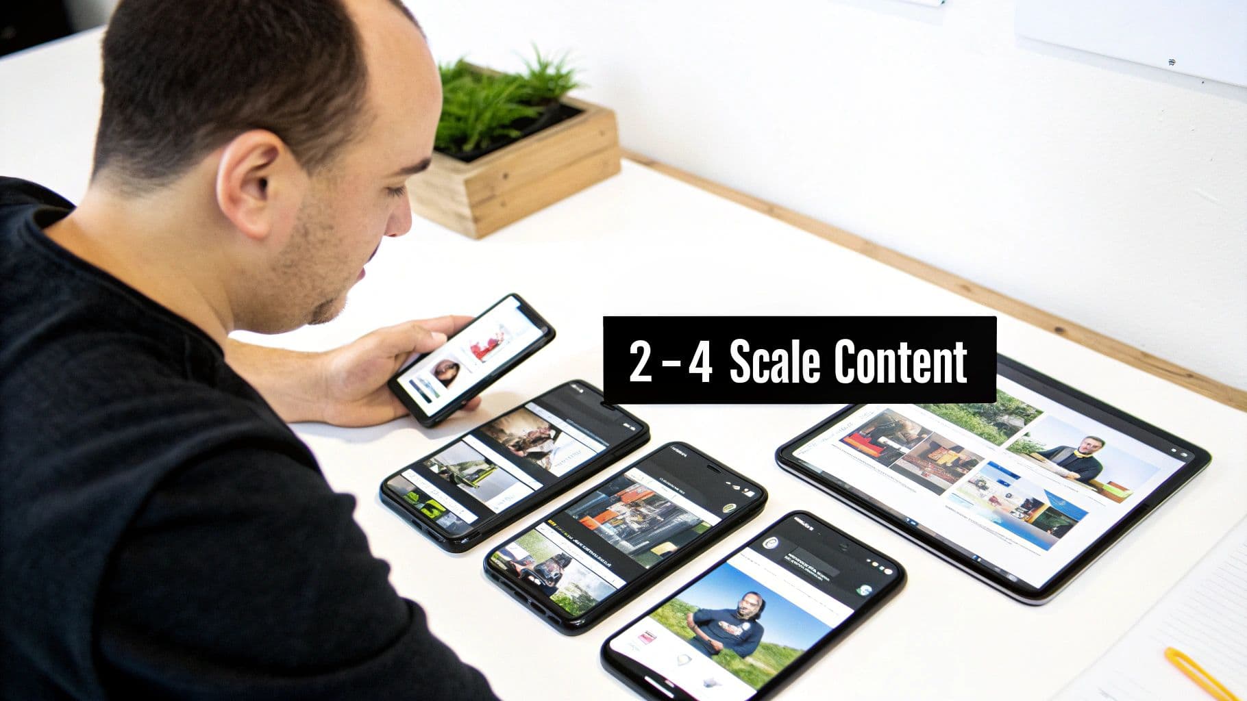 A man views content on multiple smartphones and a tablet, showcasing scalable digital content.