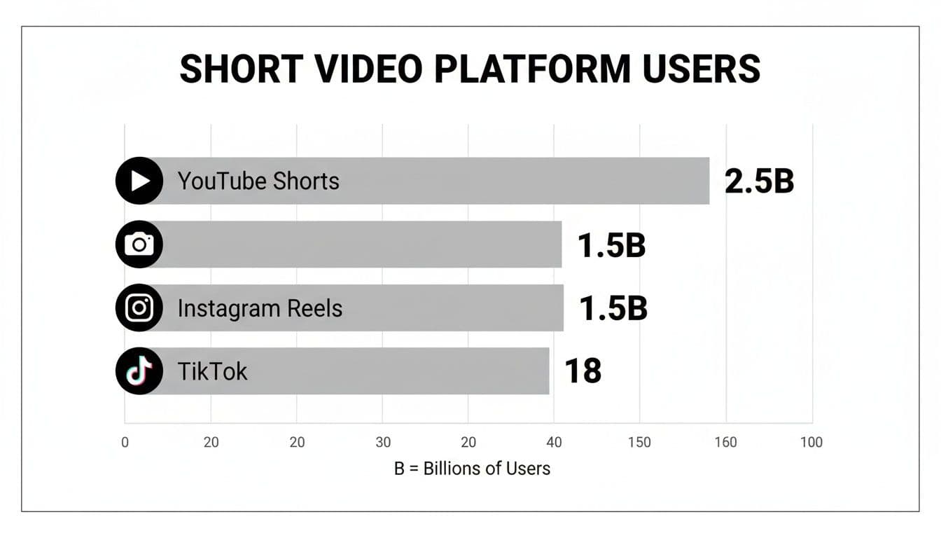 Bar chart comparing user numbers for YouTube Shorts, Instagram Reels, and TikTok.