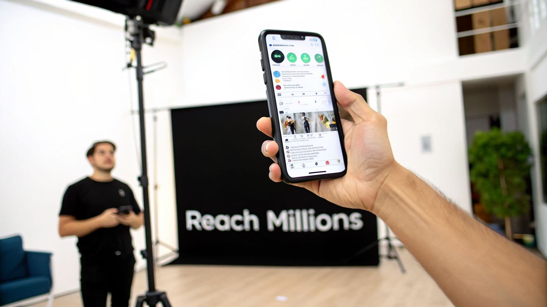 Hand holds smartphone displaying social media app with videos in a bright studio. A person stands near a 'Reach Millions' backdrop.