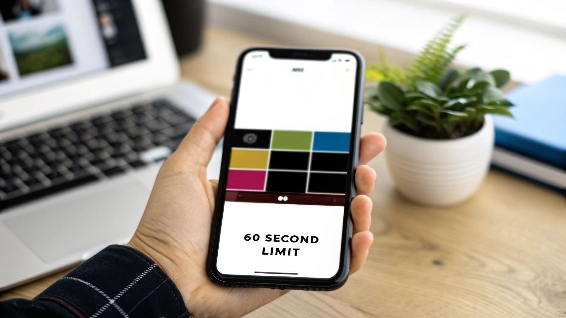 Close-up of a hand holding an iPhone showing a mobile app with '60 SECOND LIMIT' on a desk.