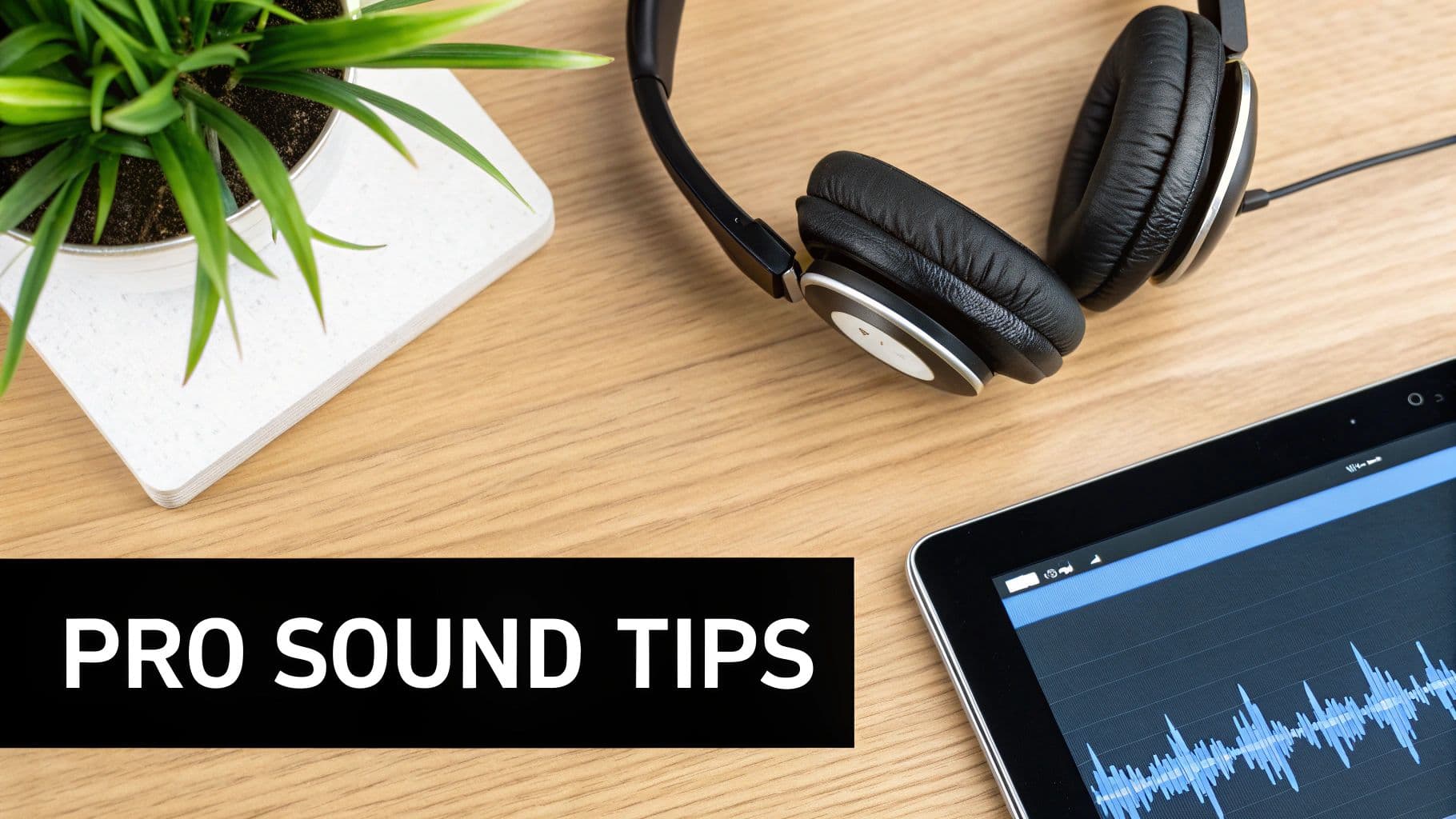 A desk with a plant, black headphones, and a tablet displaying sound waves, along with 'PRO SOUND TIPS' text.