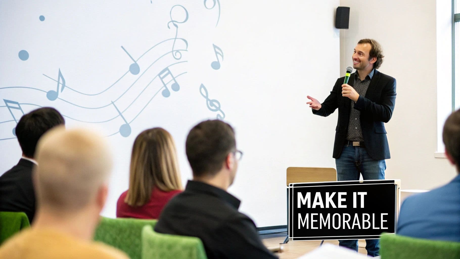 A charismatic speaker uses a microphone during a presentation to an audience, with musical notes on the wall.
