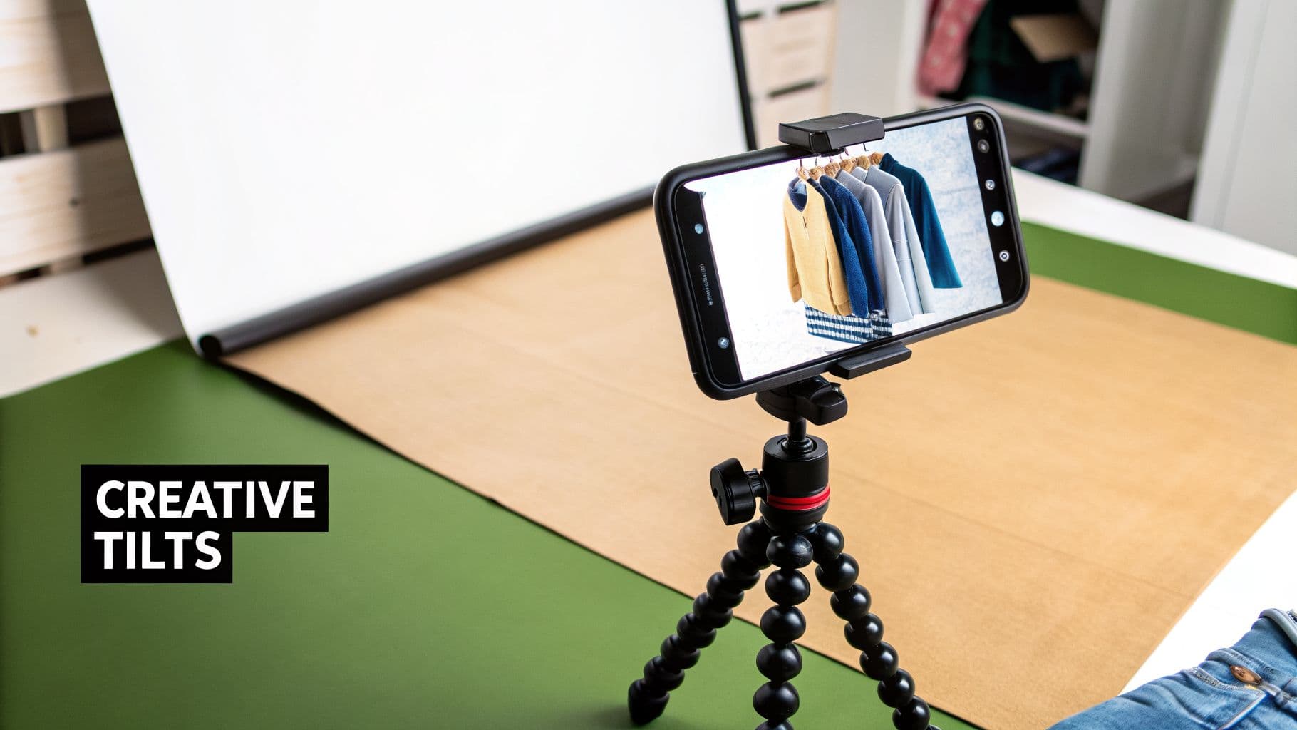 A smartphone on a tripod captures clothing on hangers for product photography with a studio setup.