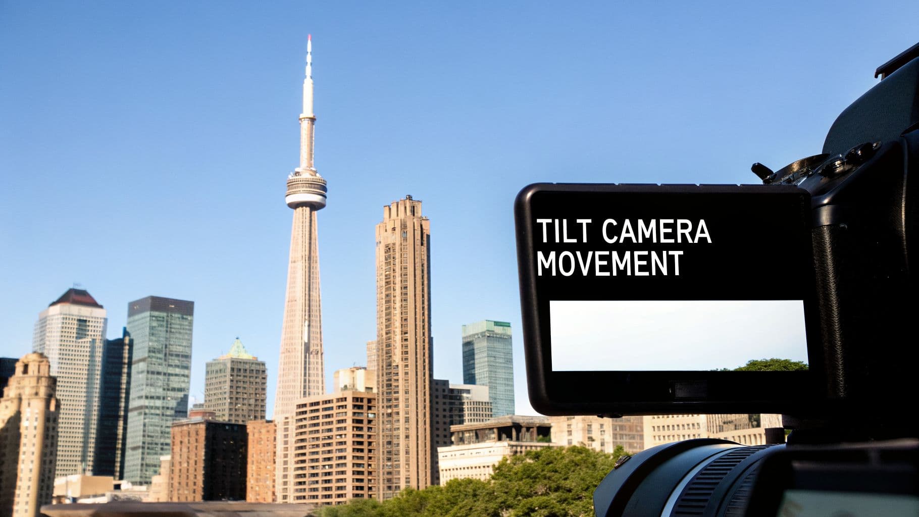 A camera screen displays 'TILT CAMERA MOVEMENT' with the Toronto skyline, including the CN Tower, in the background.