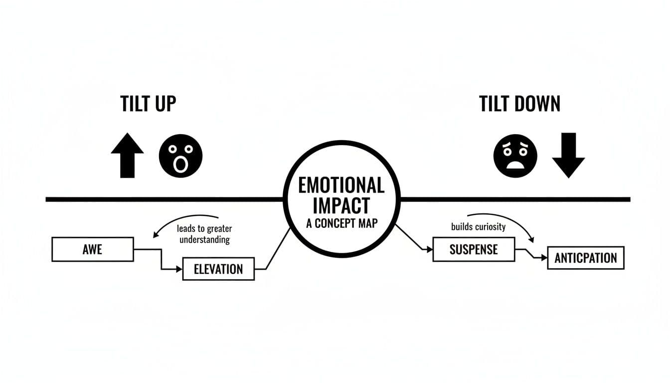 A concept map showing emotional impact, linking 'tilt up' (awe, elevation) and 'tilt down' (suspense, anticipation).