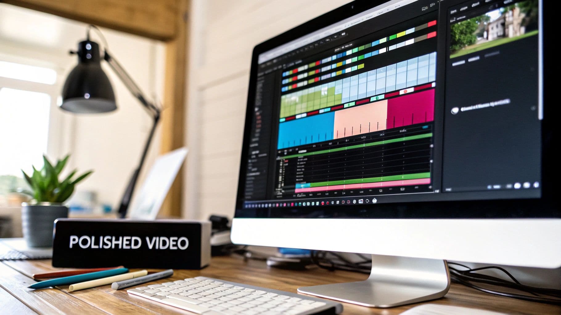 A person editing a video on a laptop, adding final touches like color grading and text overlays.