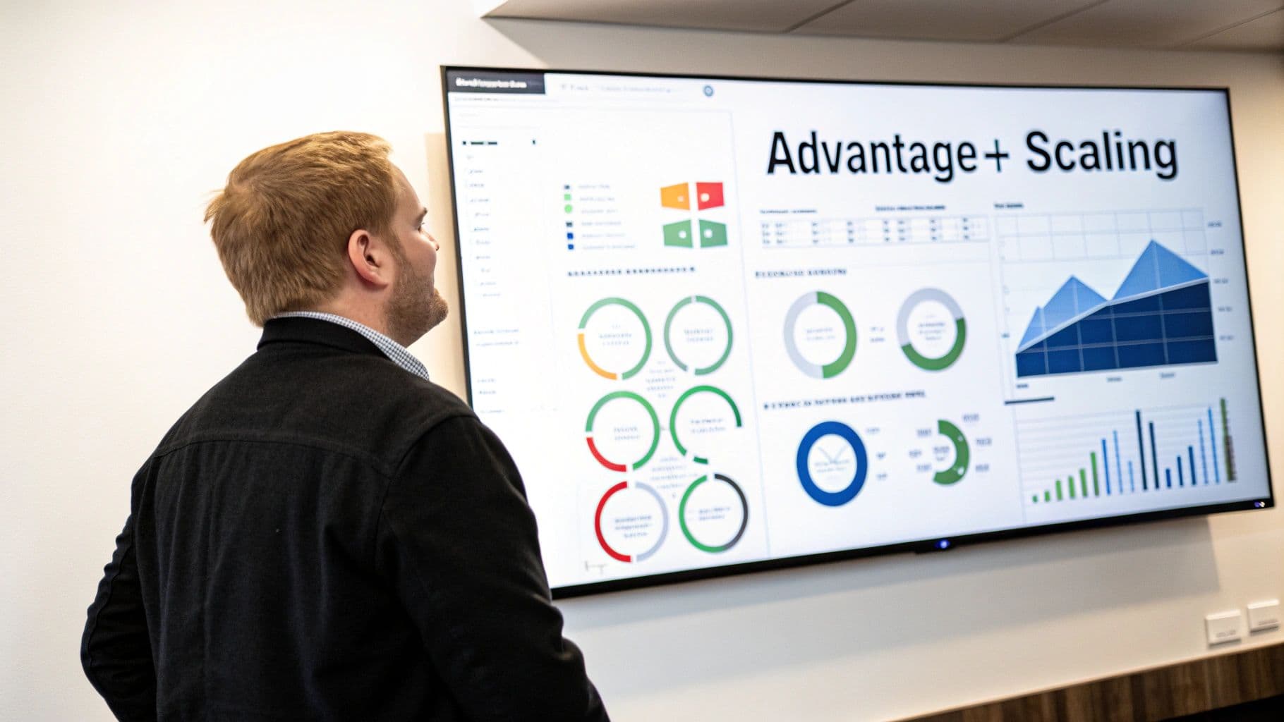 A man observes a large screen displaying business analytics, charts, and 'Advantage + Scaling' text.