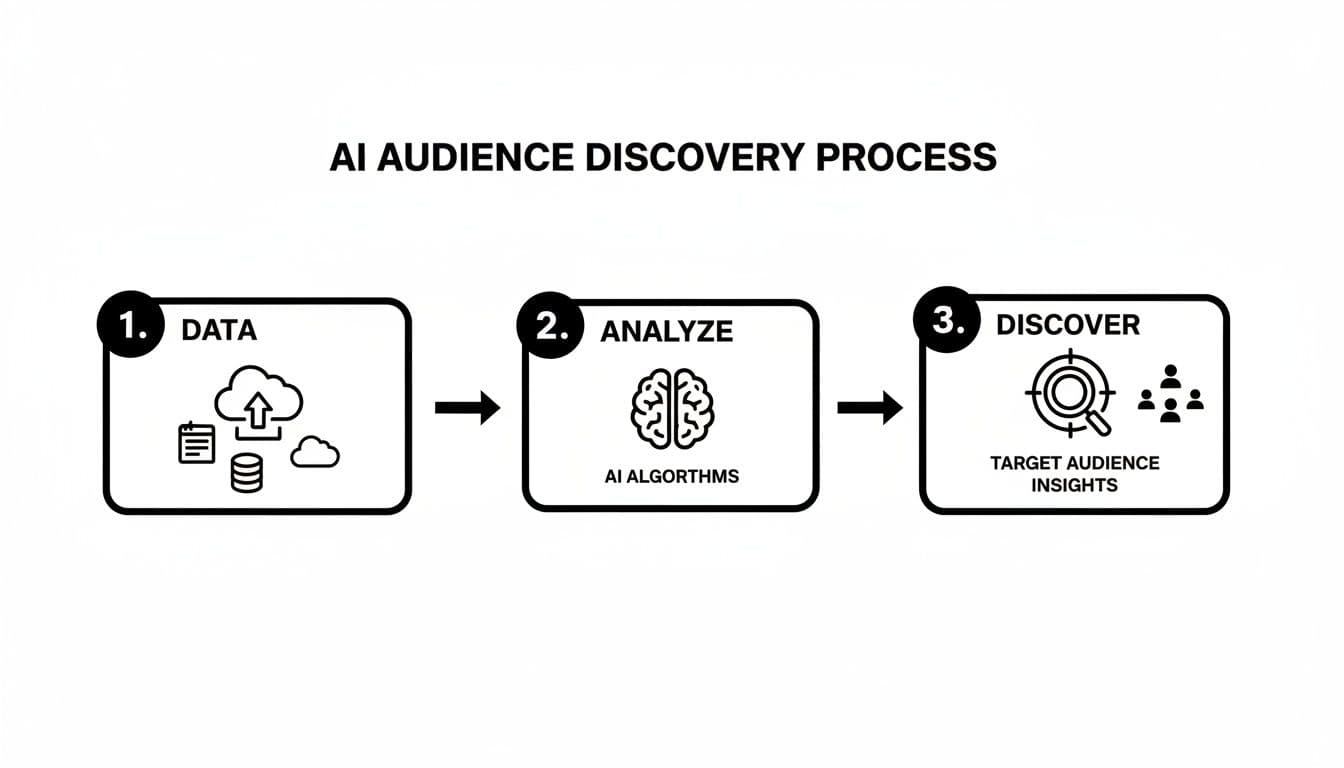 Diagram illustrating the AI audience discovery process: data collection, analysis using AI algorithms, and target audience insights.