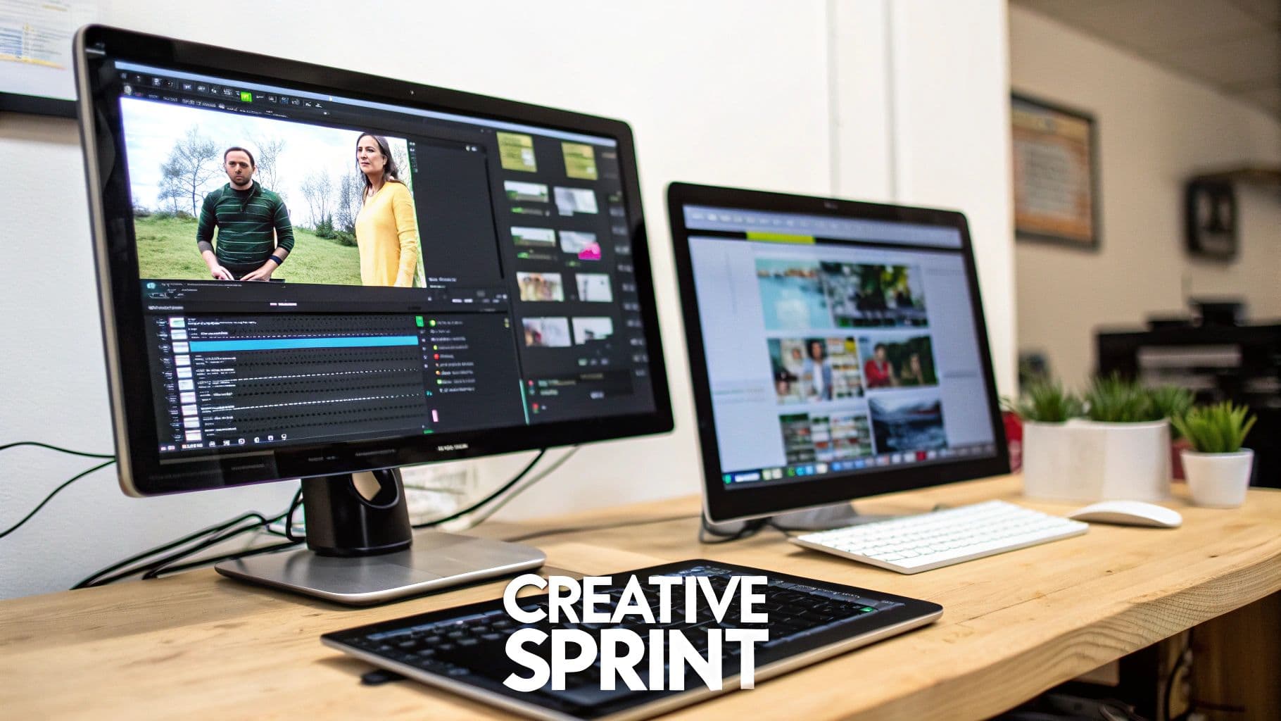 Dual-monitor creative workstation for video editing and web design, featuring a tablet, keyboard, and mouse.
