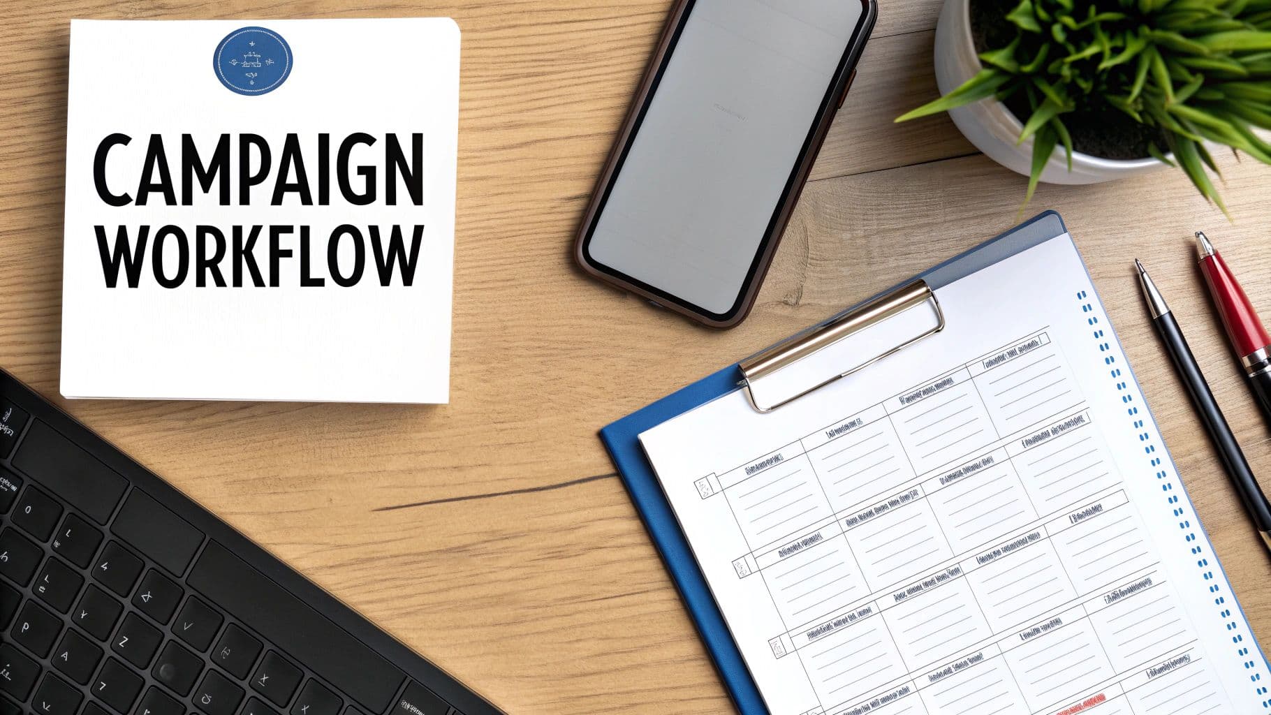 Campaign workflow document on desk with smartphone, keyboard, clipboard and planning forms for digital marketing