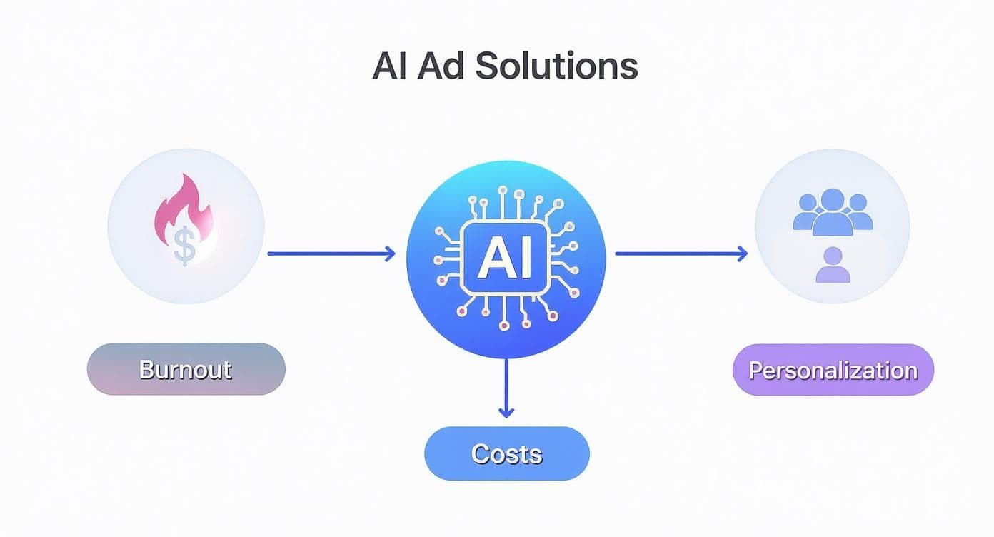AI advertising solutions diagram showing burnout reduction, personalization benefits, and cost management through artificial intelligence technology