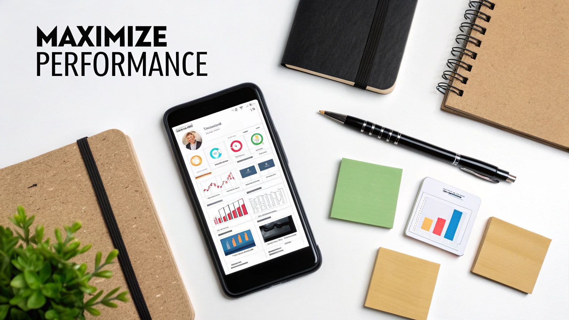 Overhead shot of a desk with a smartphone displaying data, notebooks, a pen, and sticky notes, with 'MAXIMIZE PERFORMANCE' text.