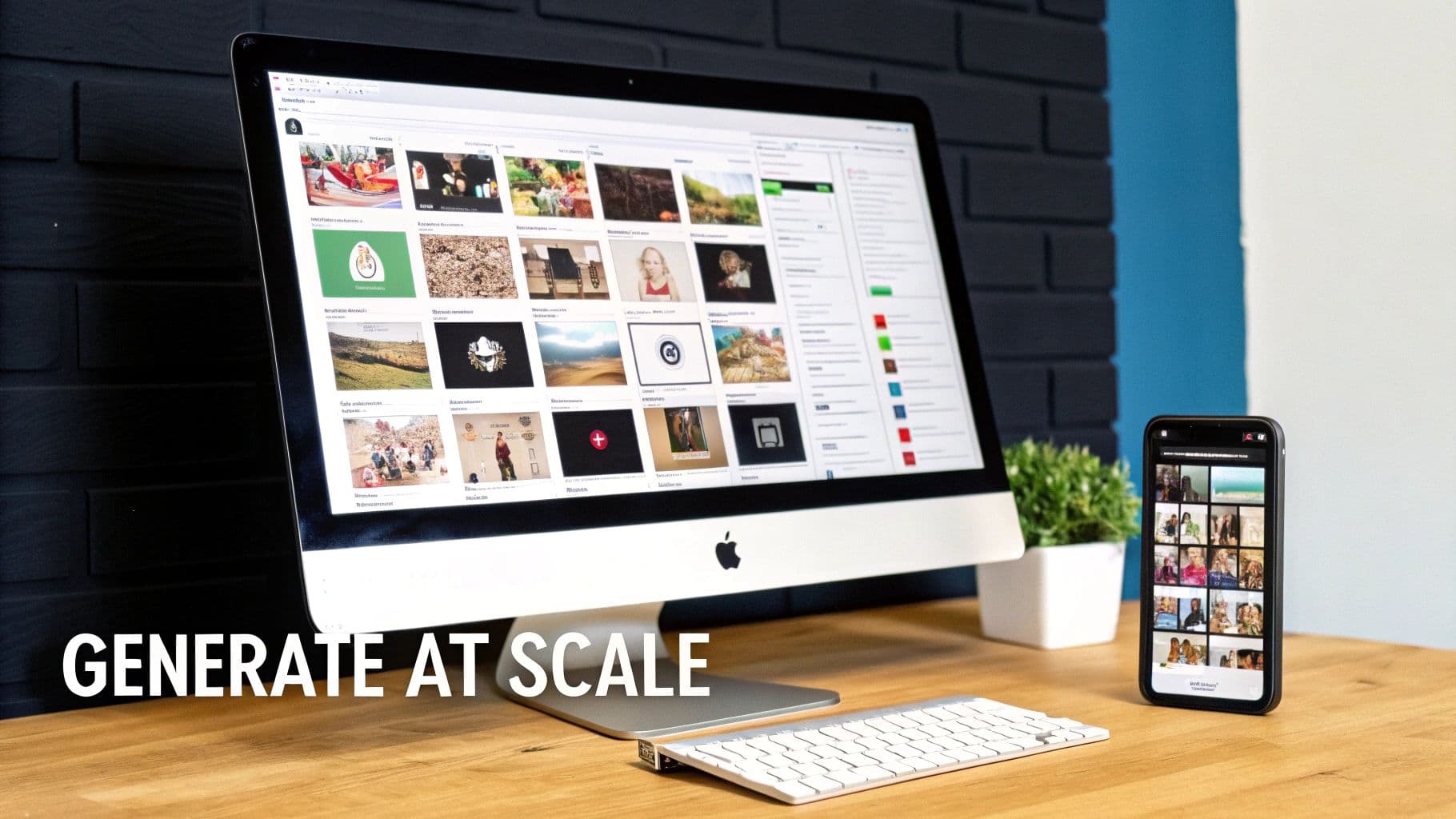 A modern desk with an Apple iMac showing multiple ad creatives and an iPhone with a photo grid.