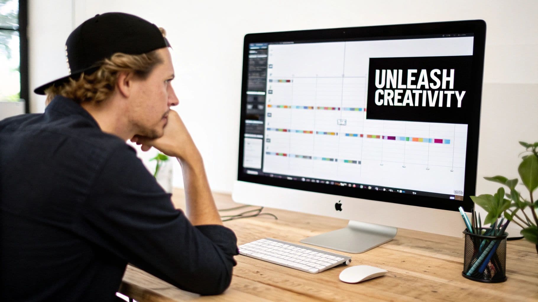 Man in cap concentrating on an iMac displaying 'Unleash Creativity' on a wooden desk.